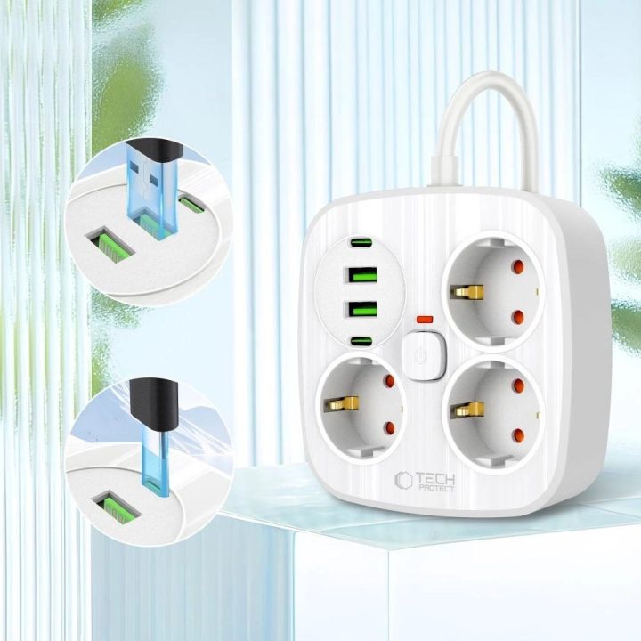 Maitinimo lizdas su USB, baltas, 3 kištukai ir 4 USB, 2 m laidu