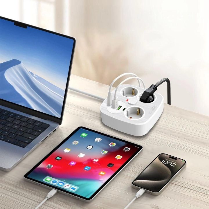 Maitinimo lizdas su USB, baltas, 3 kištukai ir 4 USB, 2 m laidu