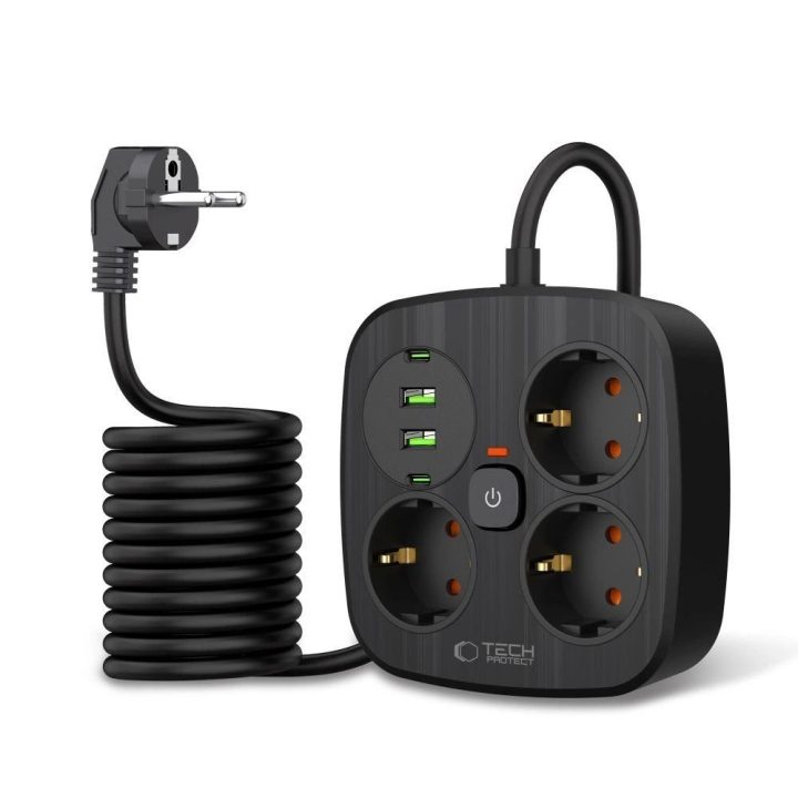 Maitinimo juosta su 3 lizdais, USB-A ir USB-C, 2 m, juoda,