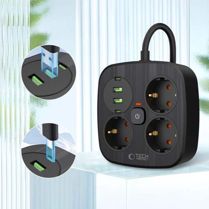 Maitinimo juosta su 3 lizdais, USB-A ir USB-C, 2 m, juoda,