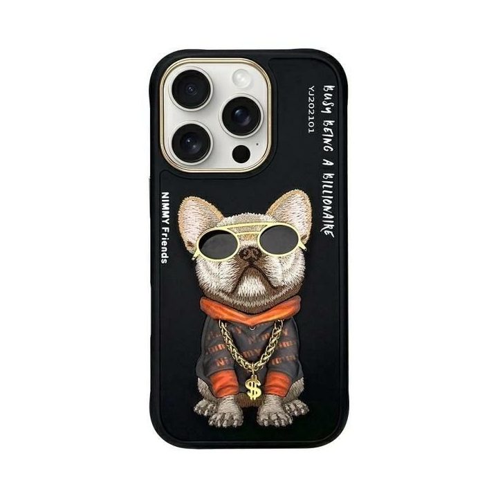 Dėklas telefonui juodas silikoninis su šuns piešiniu iPhone 16 Pro Nimmy
