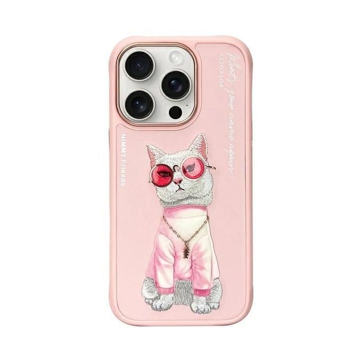 Dėklas telefonui rožinis silikoninis su katinu iPhone 16 Pro Nimmy