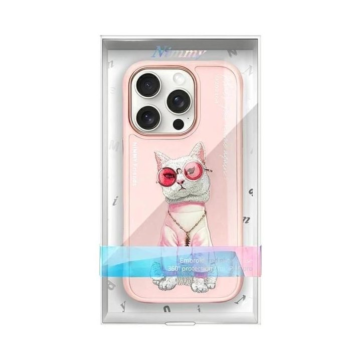 Dėklas telefonui rožinis silikoninis su katinu iPhone 16 Pro Nimmy
