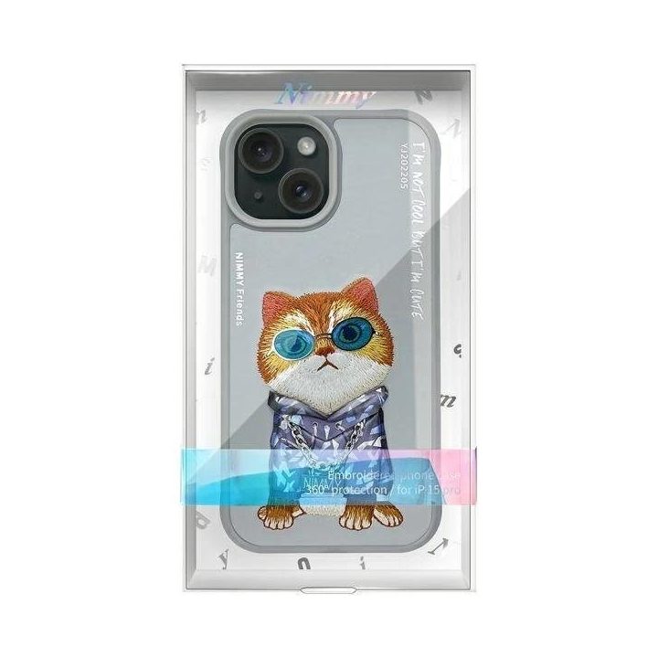 Dėklas telefonui pilkas su katinu iPhone 15 Nimmy
