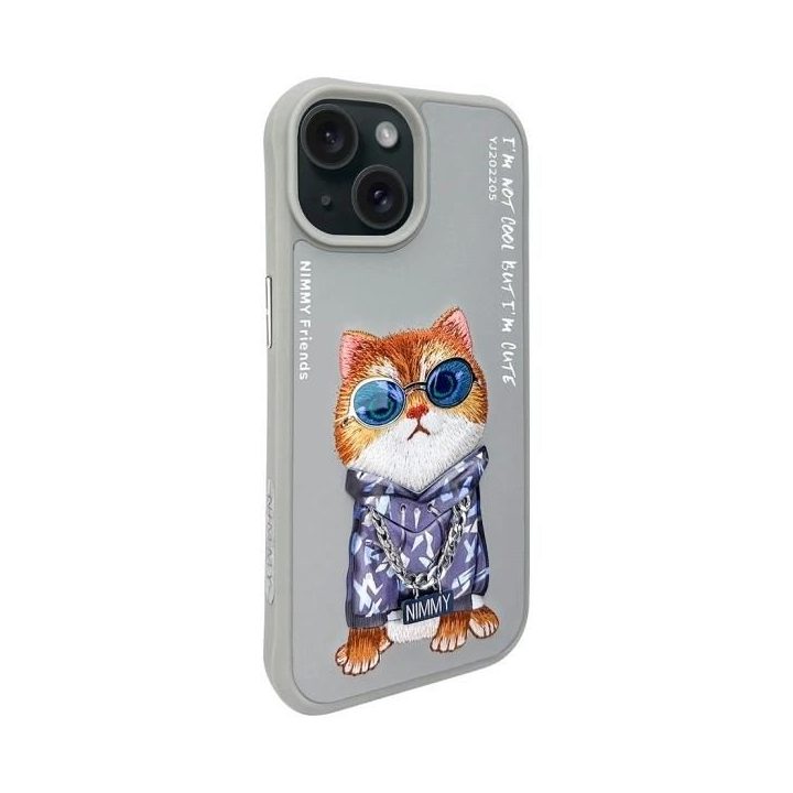 Dėklas telefonui pilkas su katinu iPhone 15 Nimmy