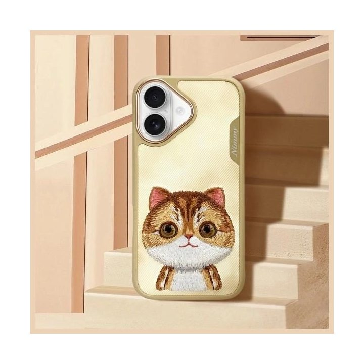 Dėklas telefonui smėlio spalvos su siuvinėtu katinu iPhone 16 Nimmy