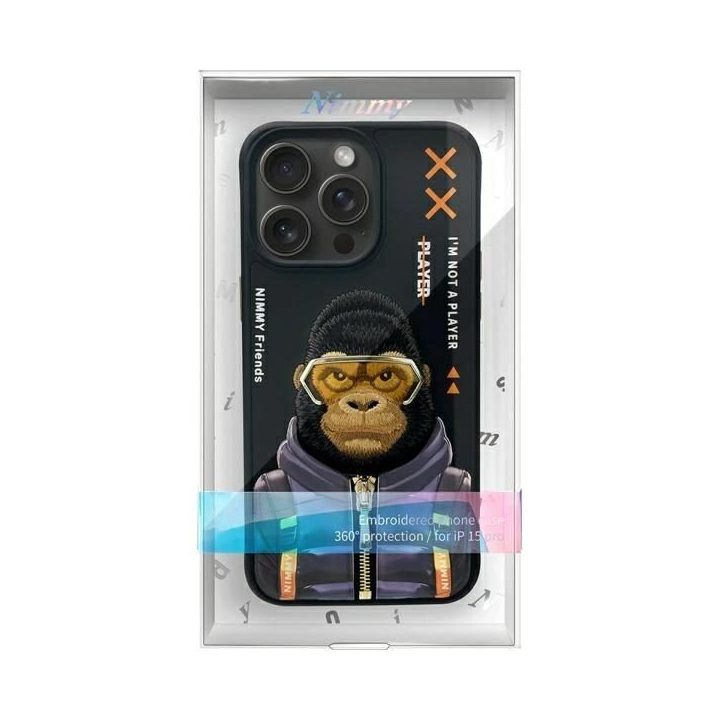 Dėklas telefonui juodas su beždžionės dizainu iPhone 15 Pro Nimmy