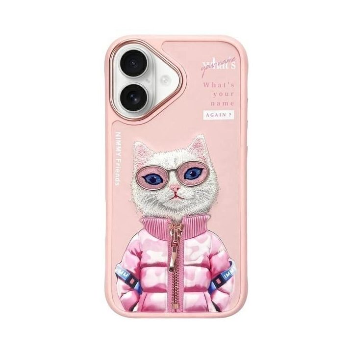 Dėklas telefonui rožinis su katės piešiniu iPhone 16 Nimmy