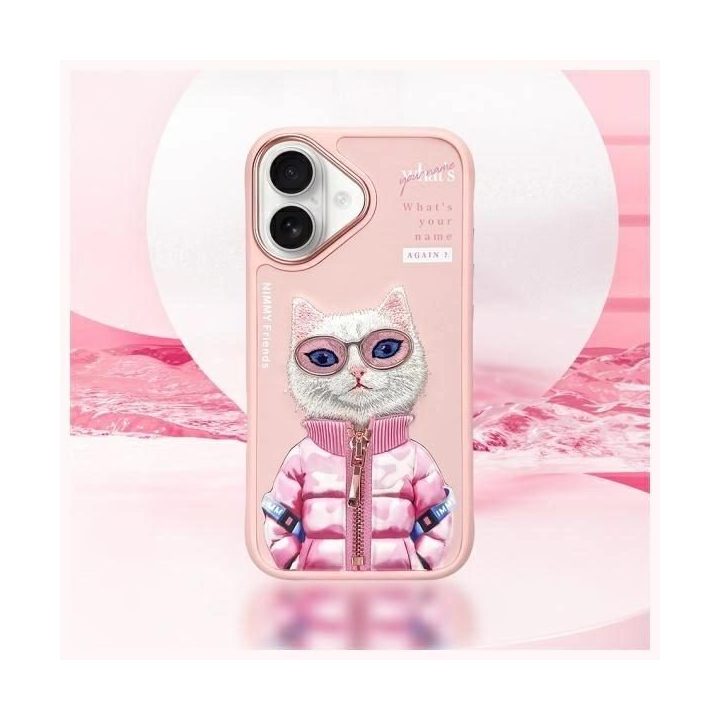 Dėklas telefonui rožinis su katės piešiniu iPhone 16 Nimmy