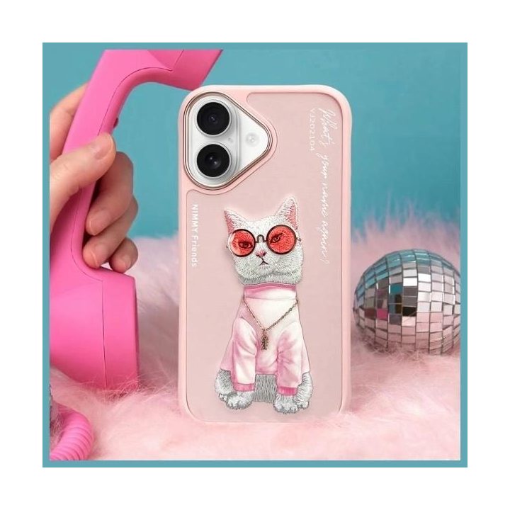 Dėklas telefonui rožinis su katės piešiniu iPhone 16 Nimmy