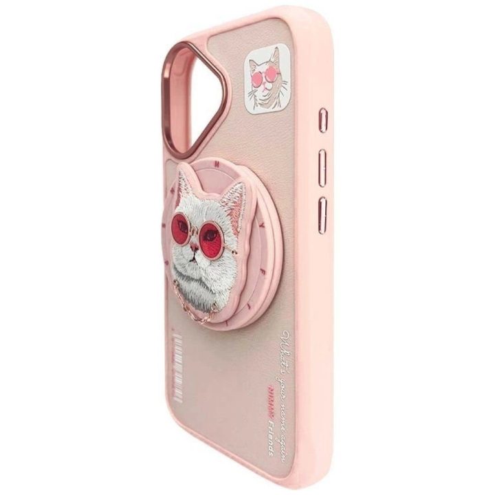 Dėklas telefonui rožinis su magnetiniu laikikliu ir katino dizainu iPhone 16 Nimmy