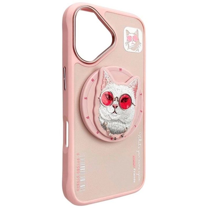 Dėklas telefonui rožinis su magnetiniu laikikliu ir katino dizainu iPhone 16 Nimmy