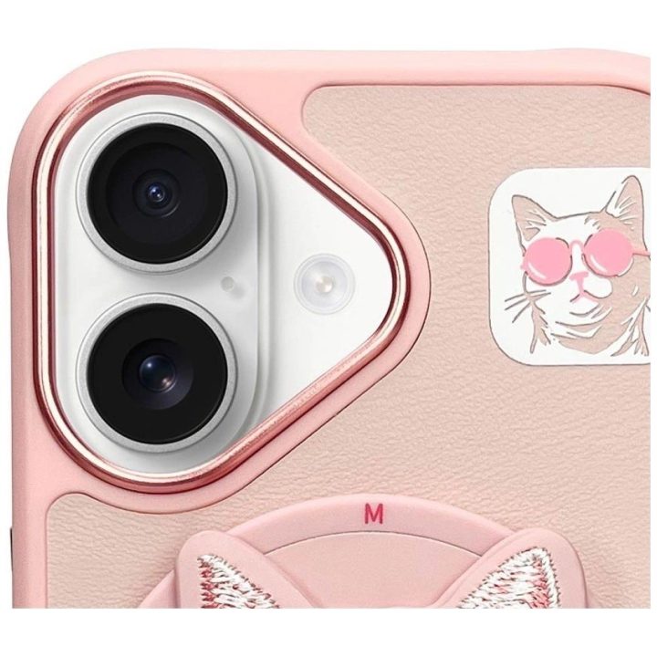 Dėklas telefonui rožinis su magnetiniu laikikliu ir katino dizainu iPhone 16 Nimmy
