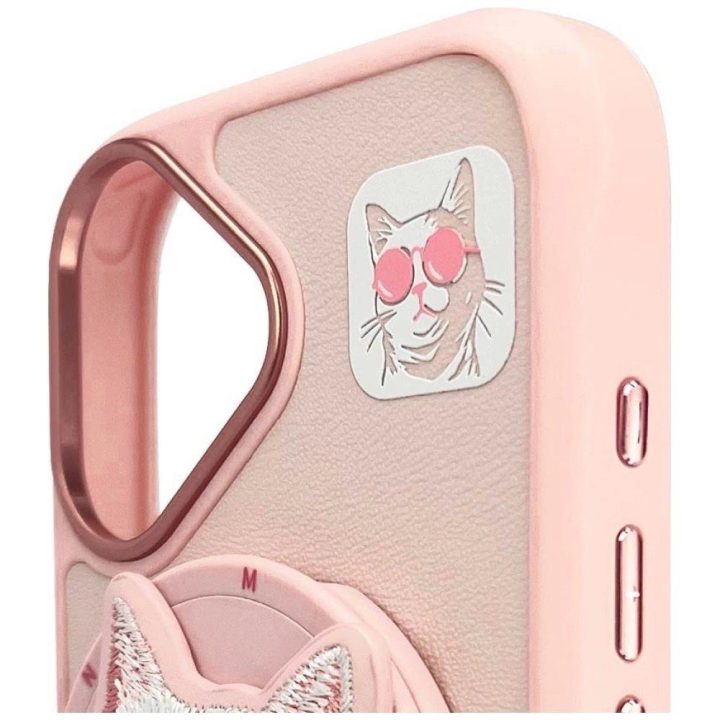 Dėklas telefonui rožinis su magnetiniu laikikliu ir katino dizainu iPhone 16 Nimmy