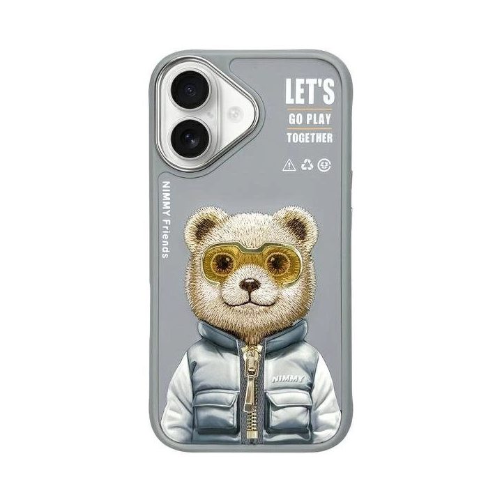 Dėklas telefonui pilkas su meškučiu iPhone 16 Nimmy