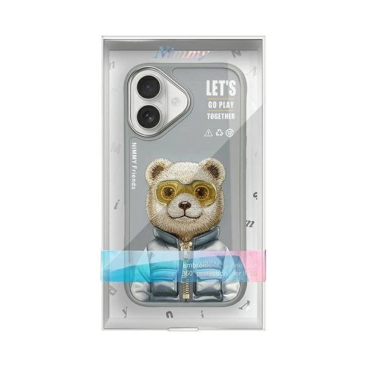 Dėklas telefonui pilkas su meškučiu iPhone 16 Nimmy