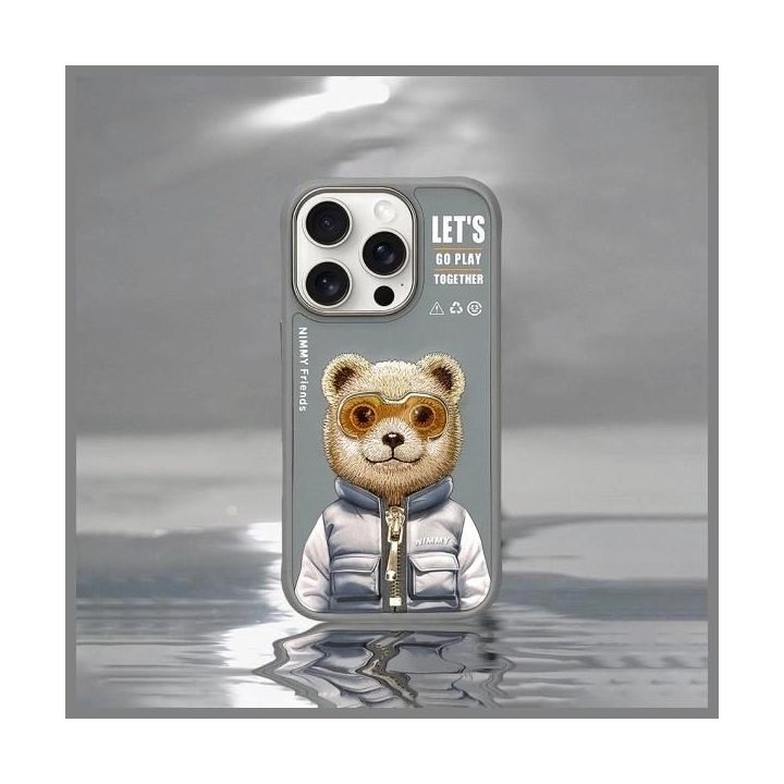 Dėklas telefonui pilkas silikoninis su meškučiu iPhone 16 Pro Nimmy