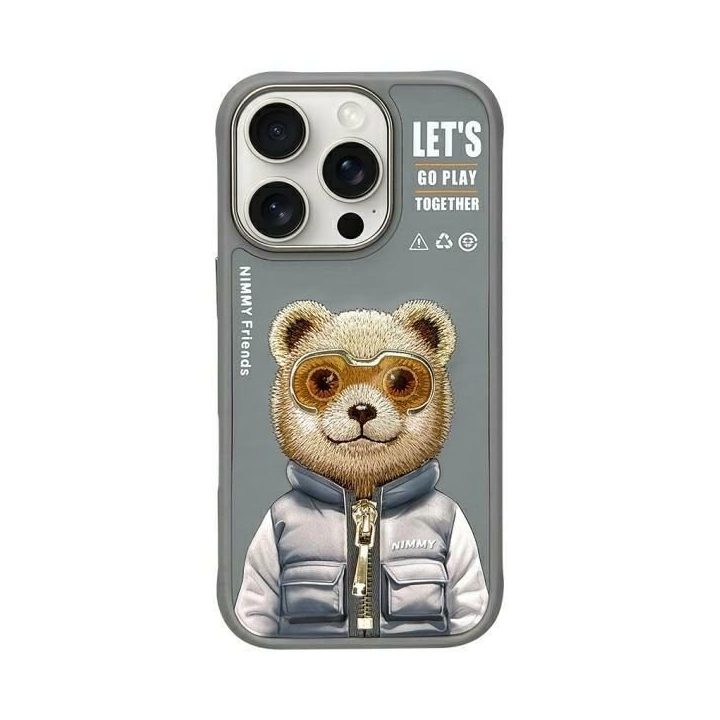 Dėklas telefonui pilkas silikoninis su meškučiu iPhone 16 Pro Nimmy