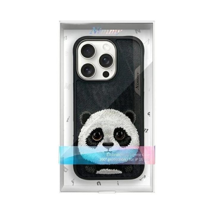 Dėklas telefonui juodas silikoninis su panda iPhone 16 Pro Nimmy