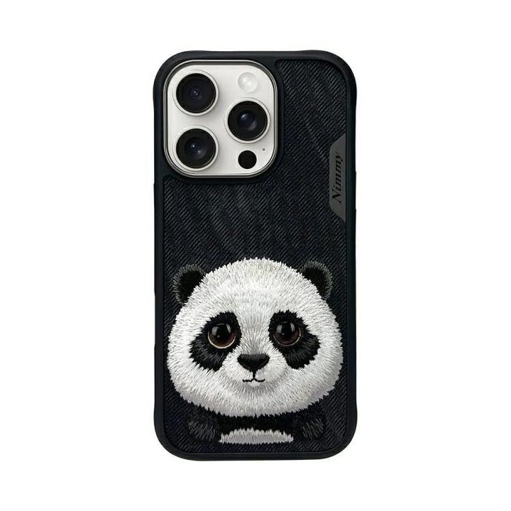 Dėklas telefonui juodas silikoninis su panda iPhone 16 Pro Nimmy