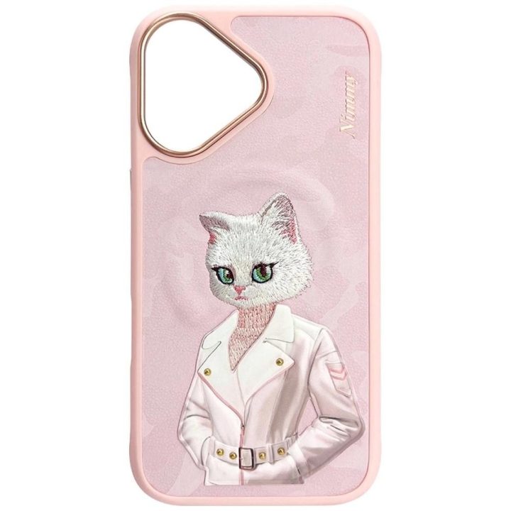 Dėklas iPhone 16 rožinis su magnetu ir katės piešiniu Nimmy