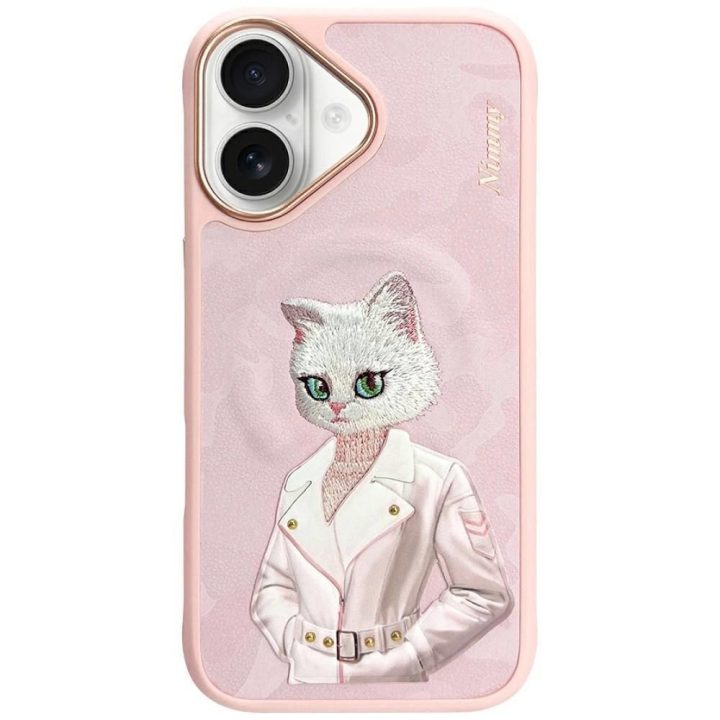 Dėklas iPhone 16 rožinis su magnetu ir katės piešiniu Nimmy