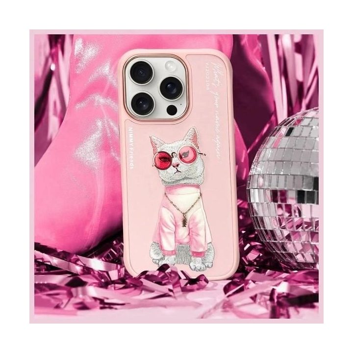 Dėklas telefonui rožinis su siuvinėta kate iPhone 16 Pro Max Nimmy