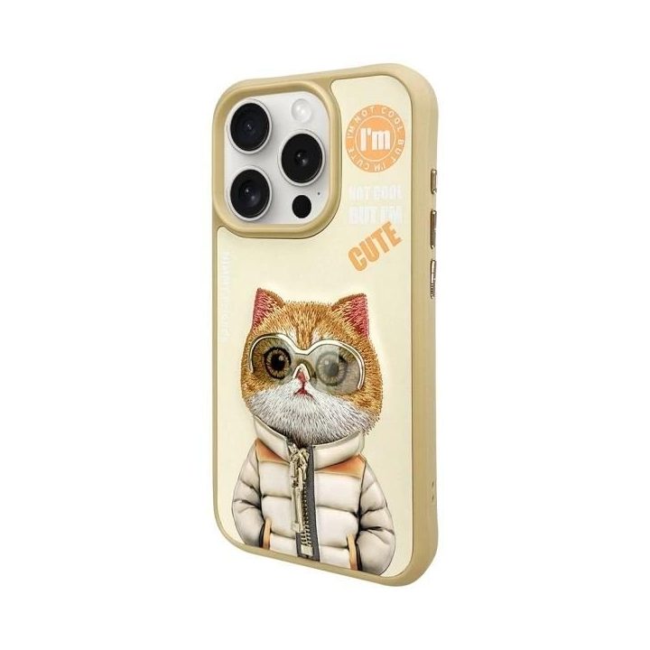 Dėklas telefonui su katinu, smėlio spalvos, iPhone 15 Pro, Nimmy