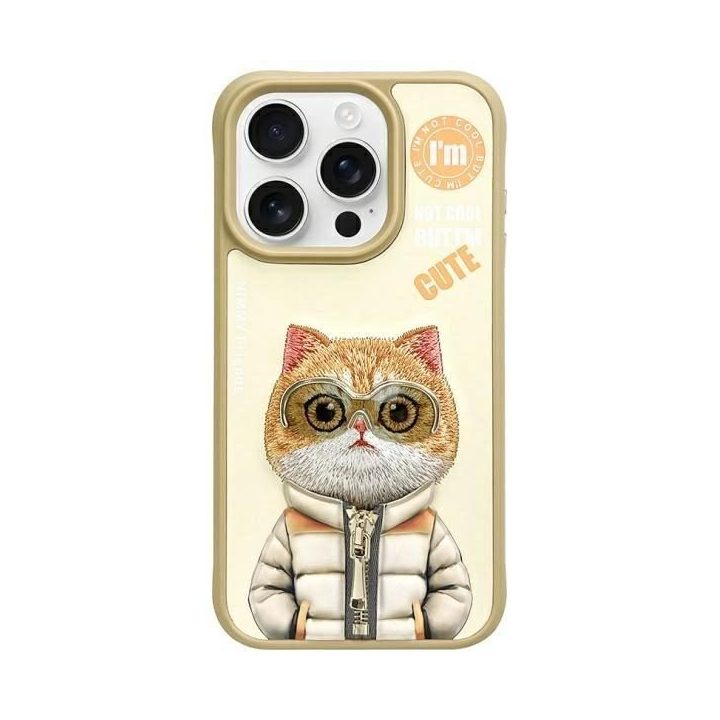 Dėklas telefonui su katinu, smėlio spalvos, iPhone 15 Pro, Nimmy