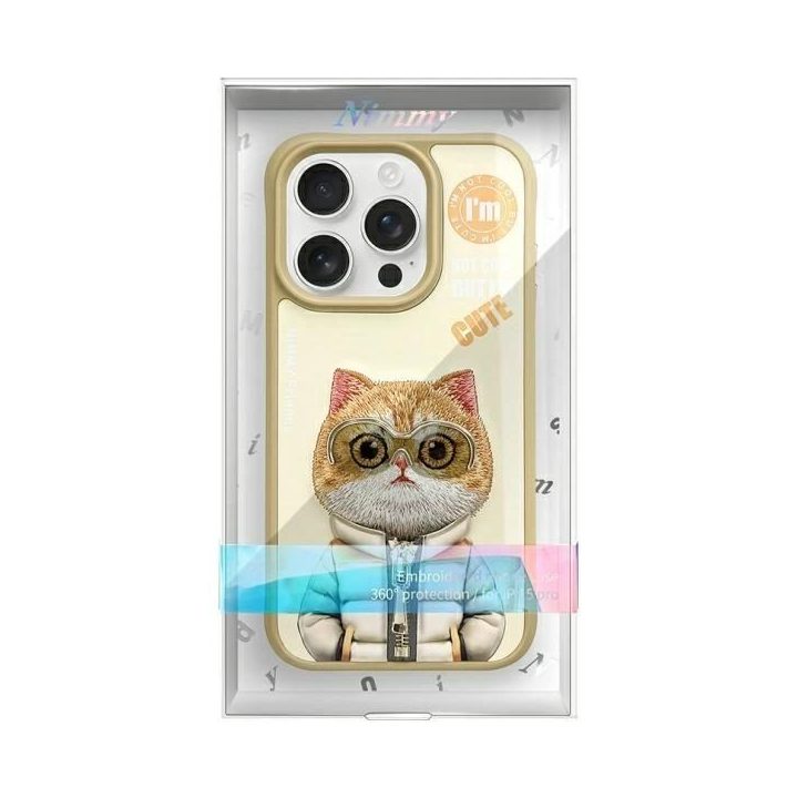 Dėklas telefonui su katinu, smėlio spalvos, iPhone 15 Pro, Nimmy
