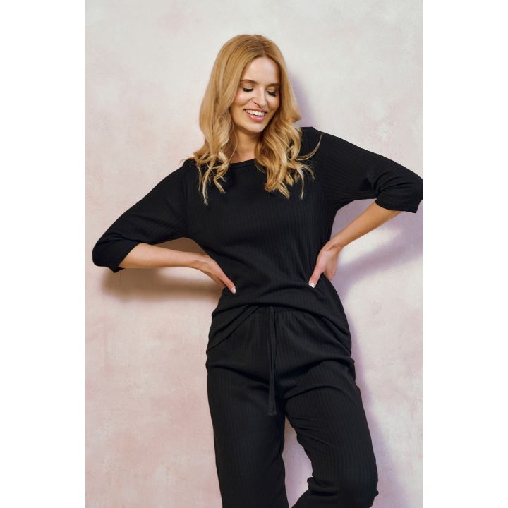 Pižama juoda medvilninė trijų ketvirčių rankovių Melania