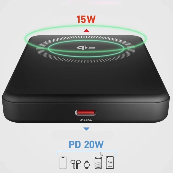 Išorinė baterija su magnetiniu belaidžiu įkrovimu 5000 mAh, juoda, SBS