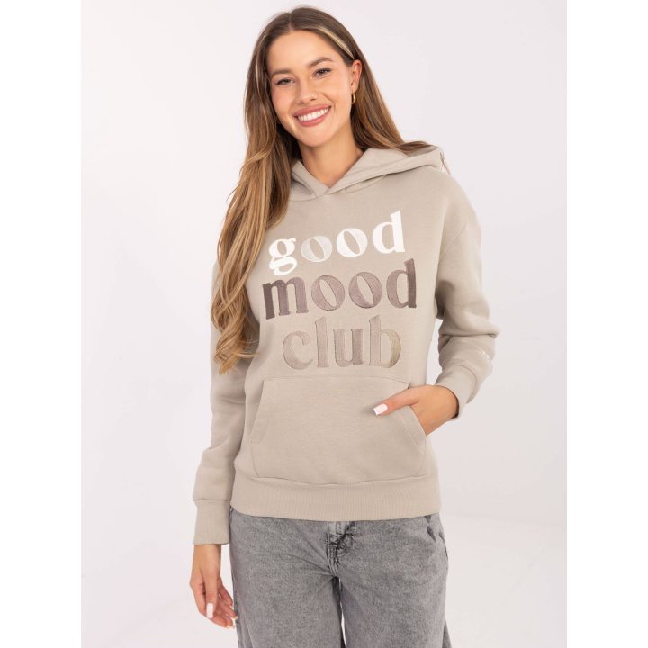 Džemperis su gobtuvu smėlio spalvos su užrašu kasdienai Good Mood Club