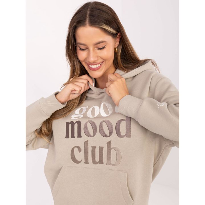 Džemperis su gobtuvu smėlio spalvos su užrašu kasdienai Good Mood Club