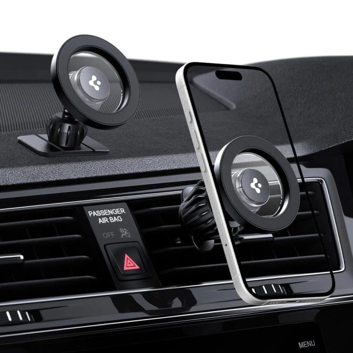 Automobilinis laikiklis telefonui su MagSafe, juodas, tvirtinamas grotelėse – Spigen
