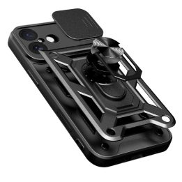 Dėklas juodas atsparus smūgiams su stovu ir kameros dangteliu iPhone 17 Hybrid Armor
