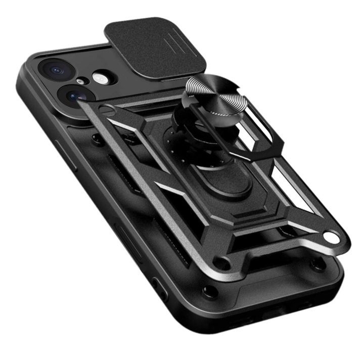 Dėklas juodas atsparus smūgiams su stovu ir kameros dangteliu iPhone 17 Hybrid Armor
