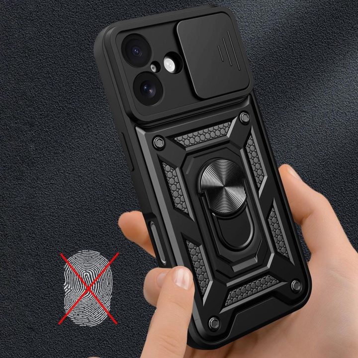 Dėklas juodas atsparus smūgiams su stovu ir kameros dangteliu iPhone 17 Hybrid Armor