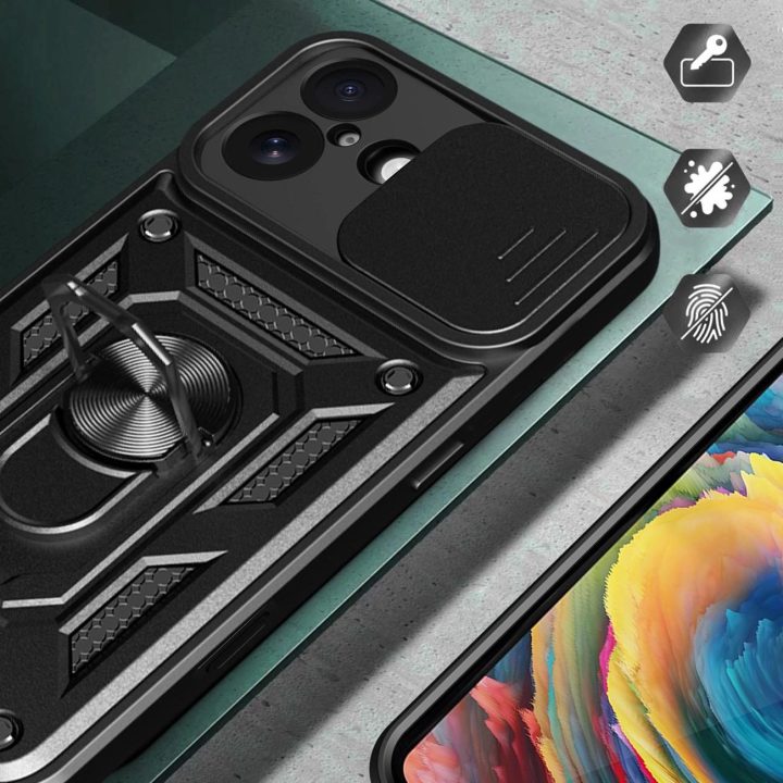Dėklas juodas atsparus smūgiams su stovu ir kameros dangteliu iPhone 17 Hybrid Armor