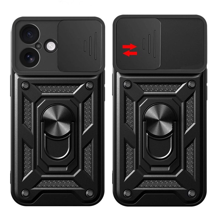 Dėklas juodas atsparus smūgiams su stovu ir kameros dangteliu iPhone 17 Hybrid Armor