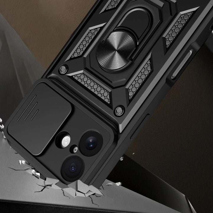 Dėklas juodas atsparus smūgiams su stovu ir kameros dangteliu iPhone 17 Hybrid Armor
