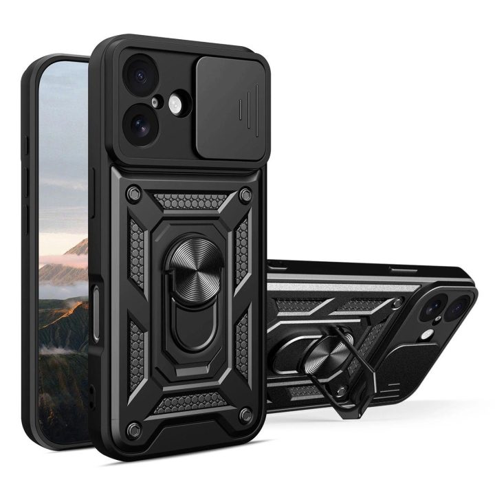Dėklas juodas atsparus smūgiams su stovu ir kameros dangteliu iPhone 17 Hybrid Armor