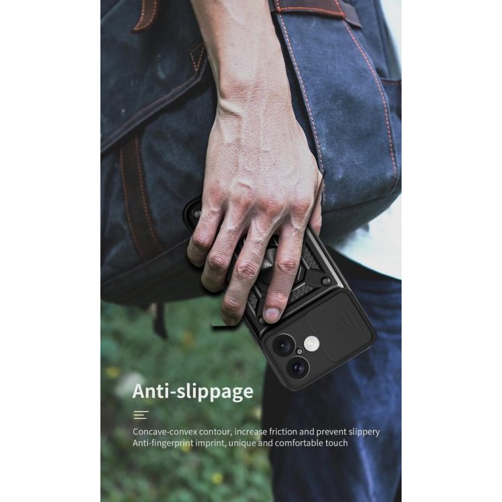 Dėklas juodas atsparus smūgiams su stovu ir kameros dangteliu iPhone 17 Hybrid Armor