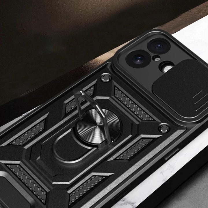 Dėklas juodas atsparus smūgiams su stovu ir kameros dangteliu iPhone 17 Hybrid Armor