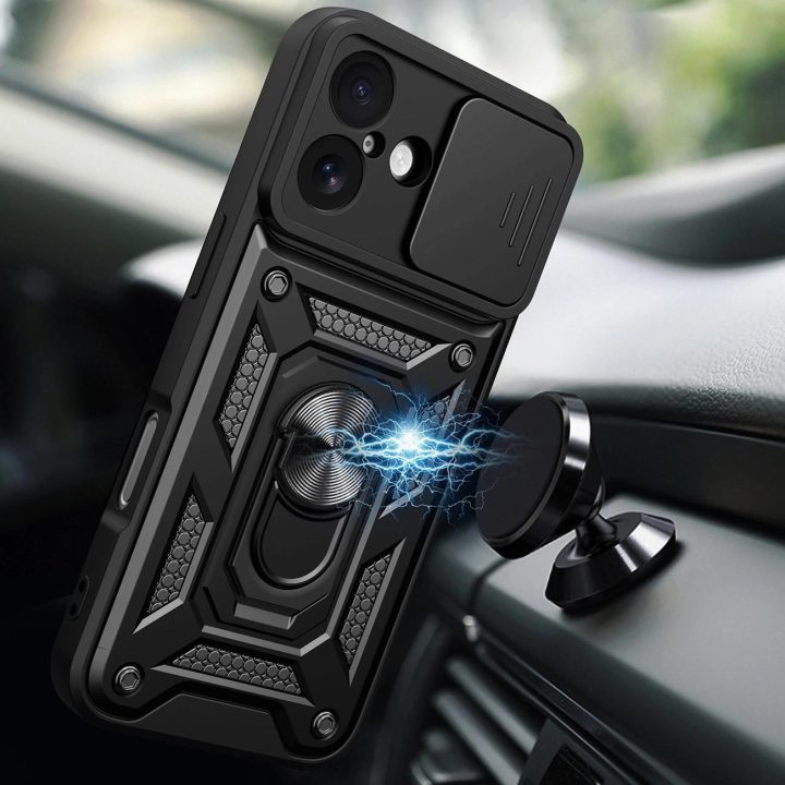 Dėklas juodas atsparus smūgiams su stovu ir kameros dangteliu iPhone 17 Hybrid Armor