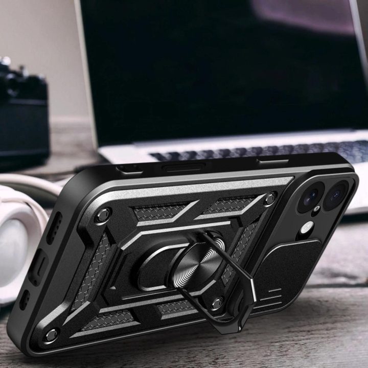 Dėklas juodas atsparus smūgiams su stovu ir kameros dangteliu iPhone 17 Hybrid Armor