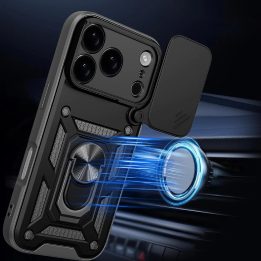 Dėklas juodas atsparus smūgiams su stovu ir kameros dangteliu iPhone 17 Pro