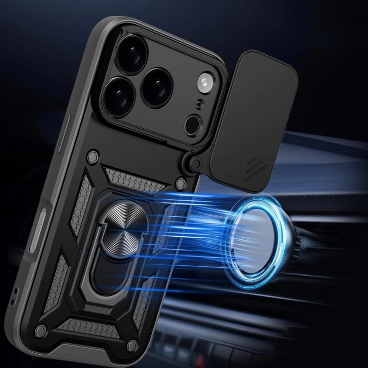 Dėklas juodas atsparus smūgiams su stovu ir kameros dangteliu iPhone 17 Pro