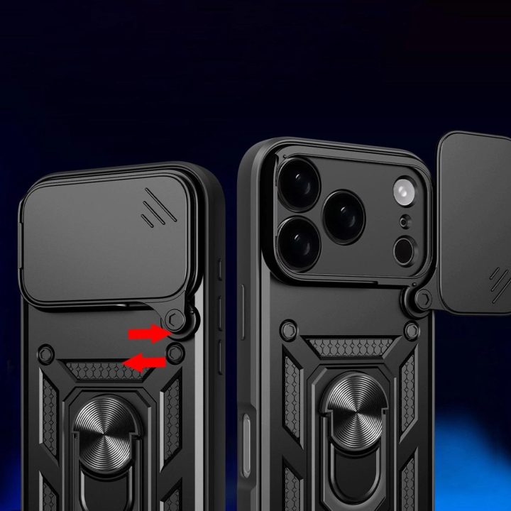 Dėklas juodas atsparus smūgiams su stovu ir kameros dangteliu iPhone 17 Pro