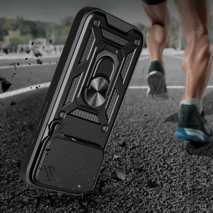Dėklas juodas atsparus smūgiams su stovu ir kameros dangteliu iPhone 17 Pro